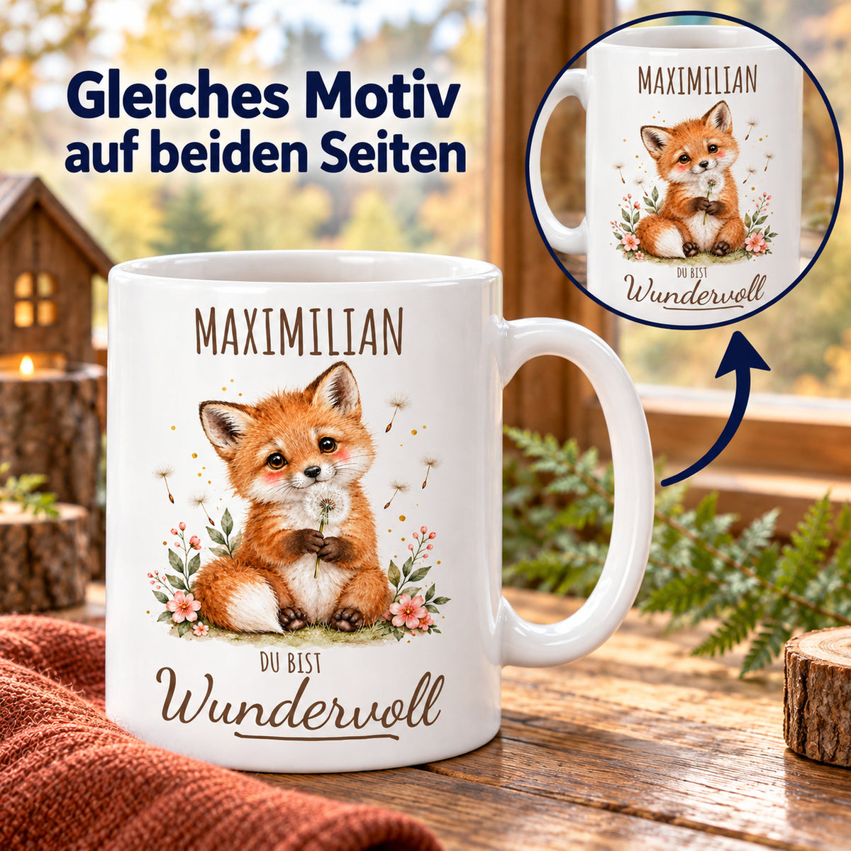 Beidseitiger Druck: weiße Fuchs-Tasse, 330 ml, mit Wunschname und Du bist Wundervoll – Beispielname Maximilian