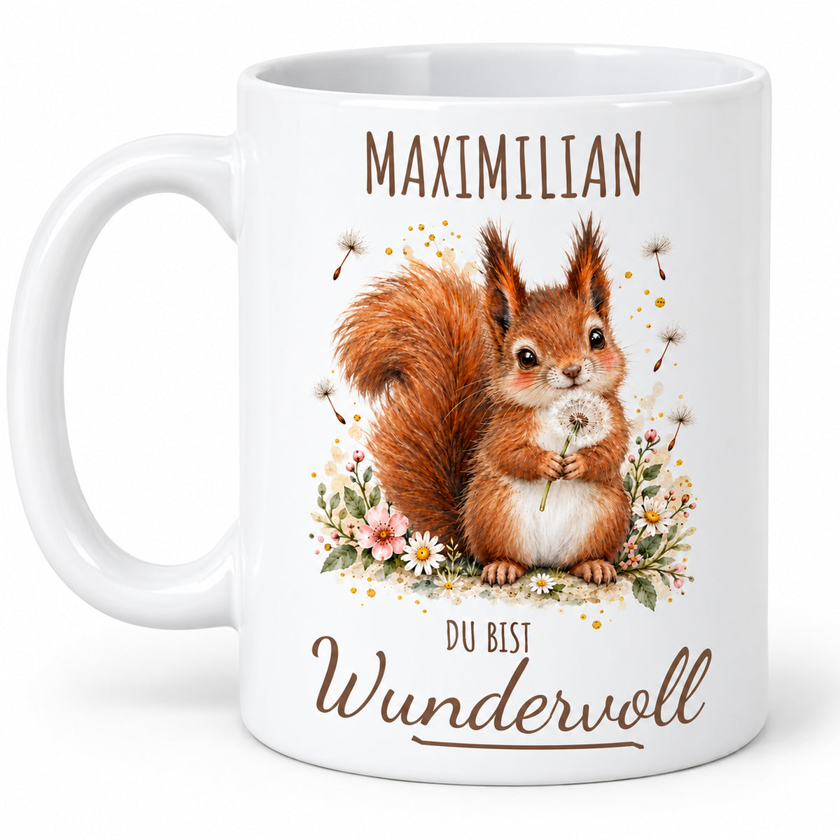 Zweite Druckseite: weiße Eichhörnchen-Tasse, 330 ml, mit Wunschname und Du bist Wundervoll – Beispielname Maximilian
